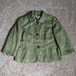 Vintage Talbots Blazer Womens 10P Green Tweed Linen Blend 3/4 Sleeves Lined